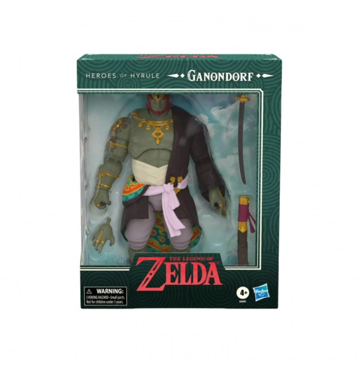 Hasbro Heroes of Hyrule Ganondorf action figure in its original window box packaging, featuring the figure with green skin, dark brown and gray robes, and a pink sash, alongside a sword accessory.