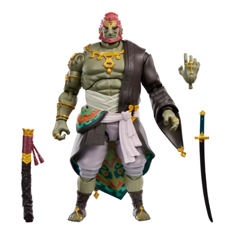 Hasbro Heroes of Hyrule Ganondorf action figure, accompanied by accessories including a sword, a scabbard, a detached hand, and a black outer garment, shown on a plain white background.