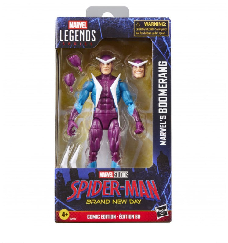 Marvel Legends Spider-Man's Boomerang comic edition action figure in its original window box packaging, featuring the purple and blue figure with interchangeable heads and alternate hands.