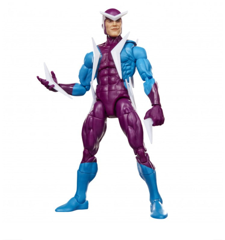 Marvel Legends Spider-Man's Boomerang, featuring a purple and blue suit with white accents, posed against a solid white background.