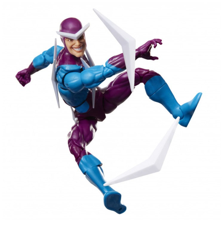 Marvel Legends Spider-Man's Boomerang action figure in a dynamic flying pose, featuring a purple and blue suit with white wing accessories, isolated on a white background.