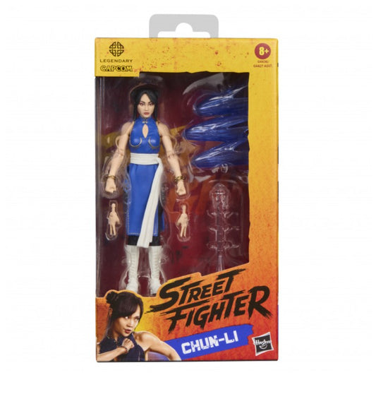 Street Fighter Chun-Li action figure in original window box packaging, featuring a blue and white outfit with blue energy accessories visible behind the plastic.