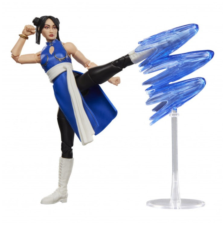 Street Fighter Chun-Li action figure posed mid-kick with a blue translucent impact effect and a clear display stand, on a plain white background.