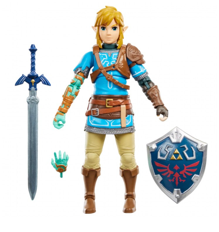 A Link action figure shown with a blue sword, a shield, and an extra hand on a plain white background.