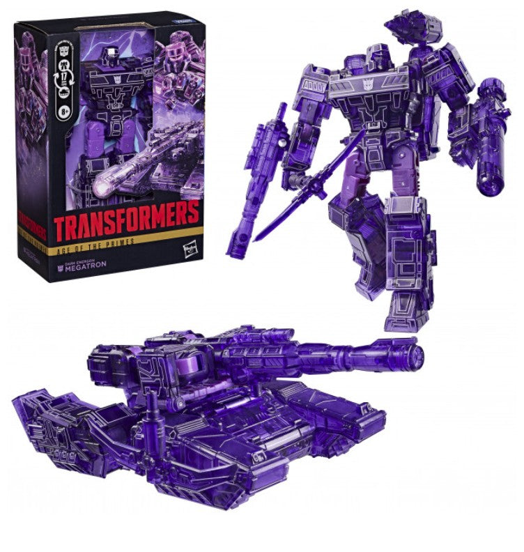 Transformers Prime Series 18 Megatron toy figure shown in translucent purple, alongside its retail box and a separate purple tank form, on a white background.