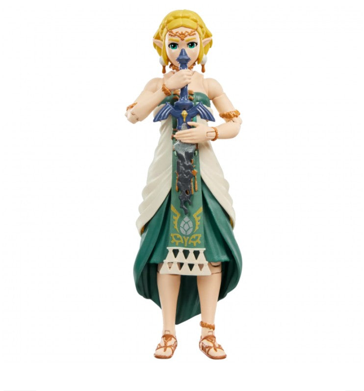 A collectible action figure of Princess Zelda from The Legend of Zelda, standing and holding the Hylian sword. She features blonde hair, pointed ears, a blue face paint, and a green and white dress with gold accents.