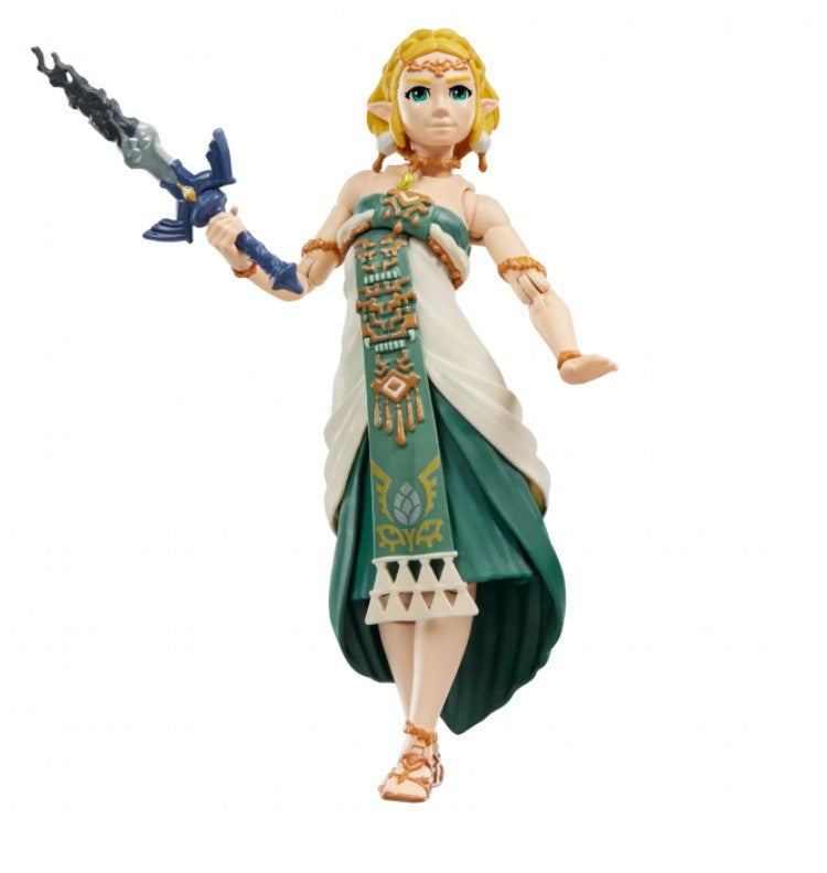 A collectible action figure of Princess Zelda from The Legend of Zelda, shown holding her sword, with a white and green dress and gold accessories, isolated on a white background.